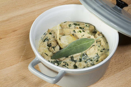 Slow-cooked chicken mini-casserole with sage cream sauce