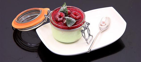 Panna cotta with raspberries and basil