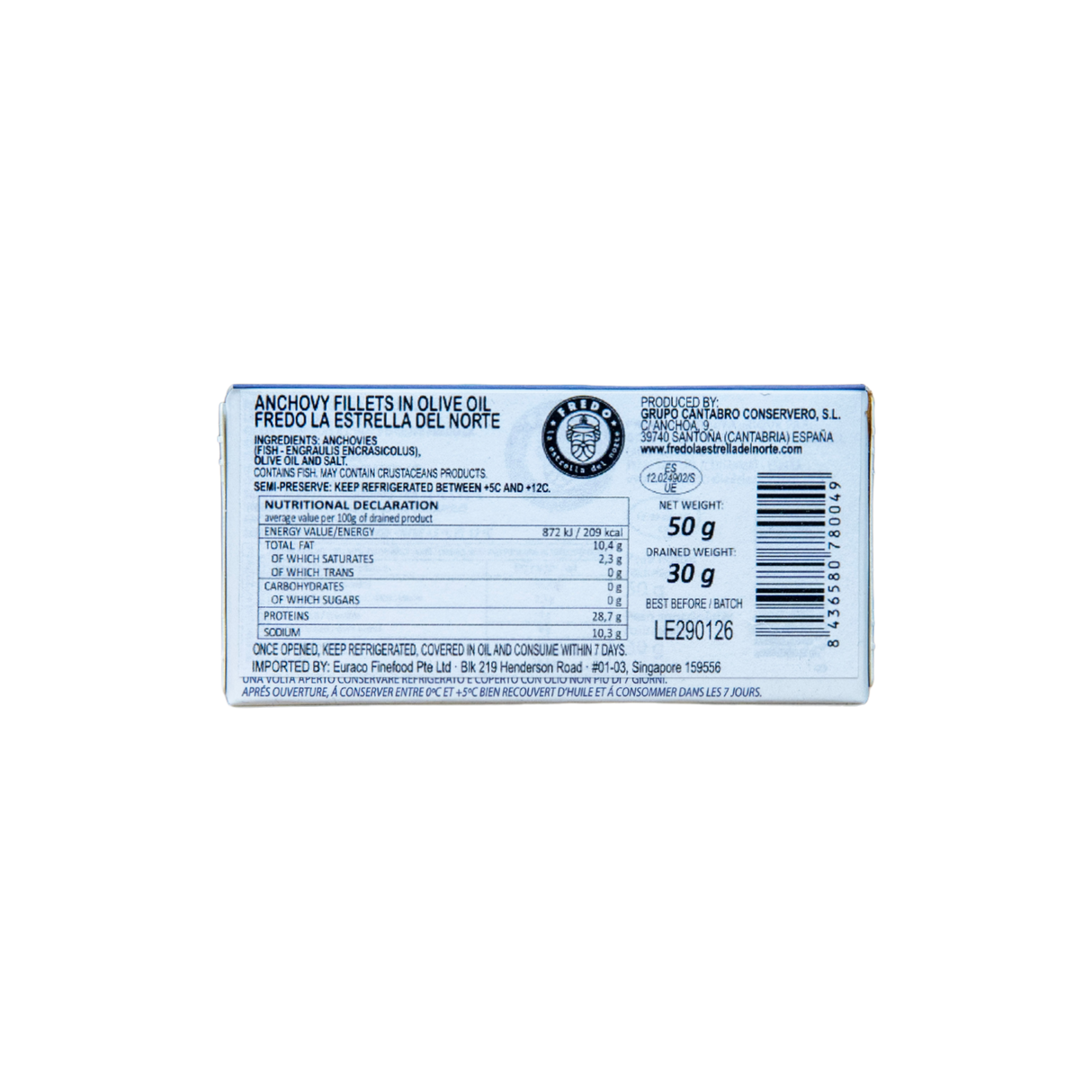 Cantabrian Anchovy Fillets in Olive Oil 50gm